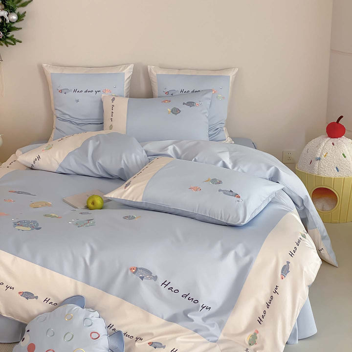 Verspieltes Marine Baumwoll-Satin Bettwäsche-Set mit Fischmuster Kissenbezügen