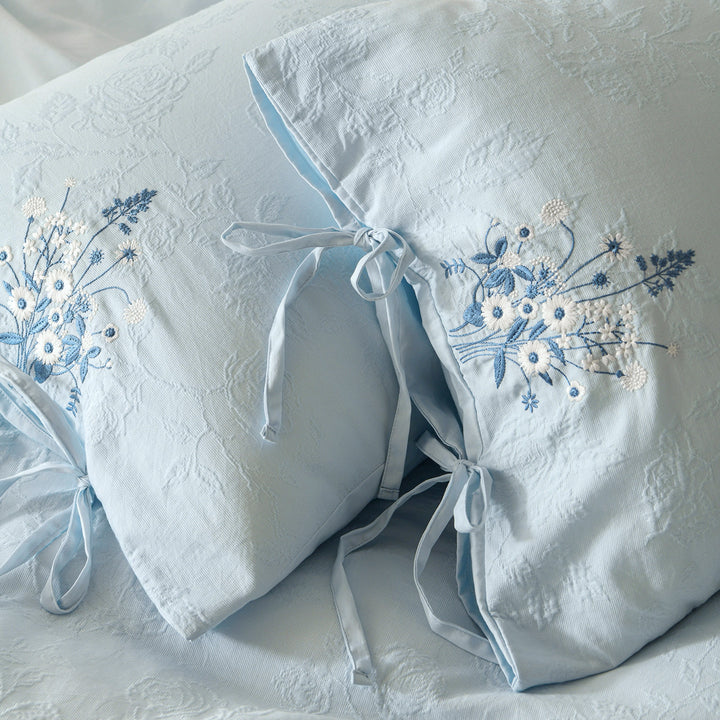 Leichtes Jacquard-Baumwoll-Bettbezug-Set mit handgestickten Blumenzweigen, Bindeschlaufen und Oxford-Kissenbezügen
