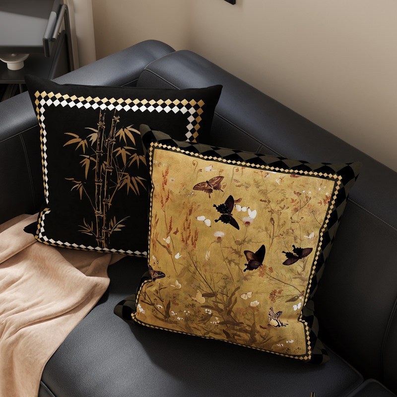 Botanical Sketch Velvet Square Throw Pillow Cover with Zebra-Trim Hidden Zipper