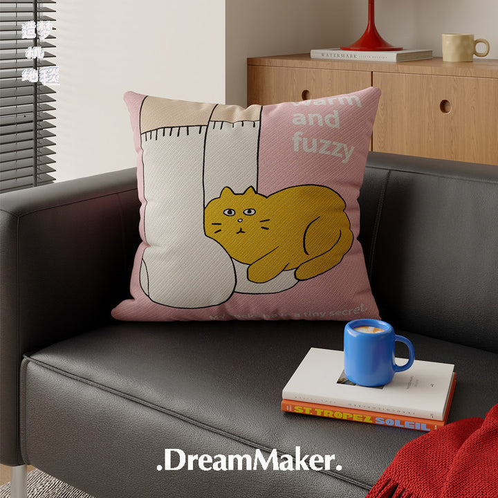 Plush Decorative Square Throw Pillow Cover with Cartoon Cat and Cozy Sock Illustration