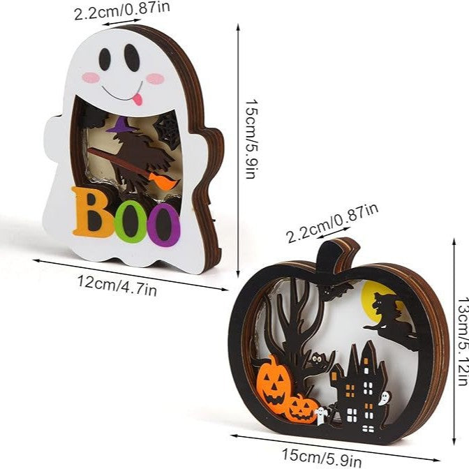 Holz-Deko-Set dreidimensionale Halloween-Schattenboxen mit LED-Beleuchtung und mehrlagigen Motiven