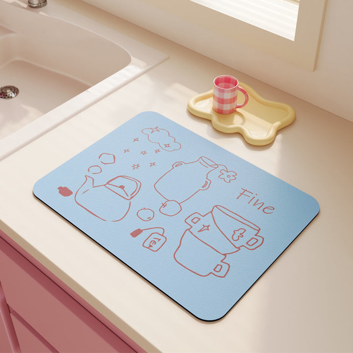 Non-Slip Heat-Resistant Kitchen Dish Drying Mat with Cute Tea Doodle Print