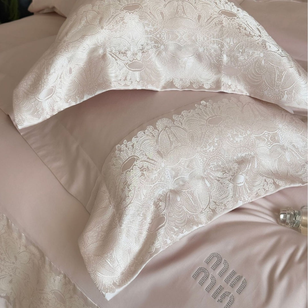 Satin Jacquard Damask Duvet Cover Set with Wide Decorative Border