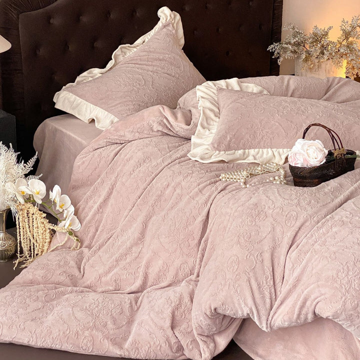 Prägnantem floralen Jacquard-Bettbezug-Set mit Rüschen-Kissenbezügen
