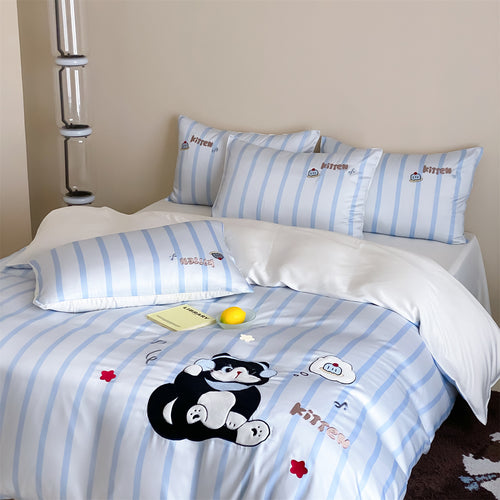 Gestreiftes Besticktes Satin Bettwäsche Set