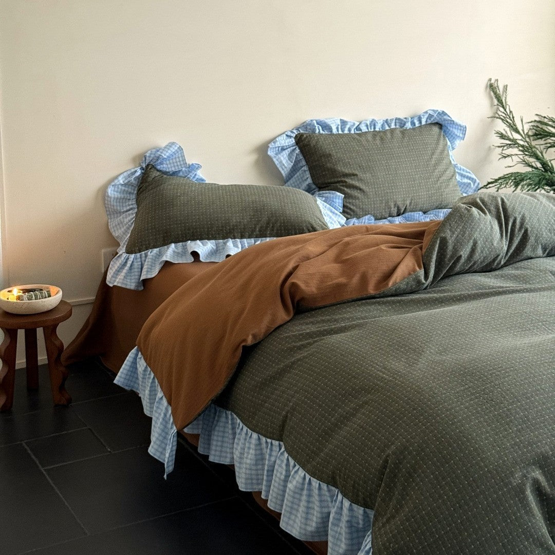 Rüschend Gingham-Besatz Baumwoll Bettbezug Set