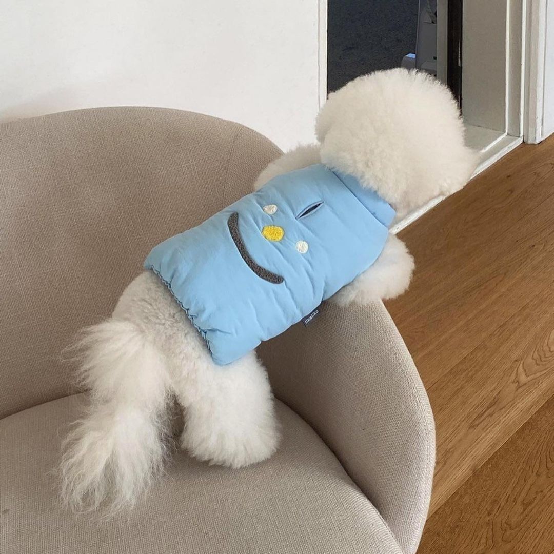 Gepolsterte Puffer-Hundeweste mit besticktem Smiley-Gesicht und Rücken-Harness-Slot