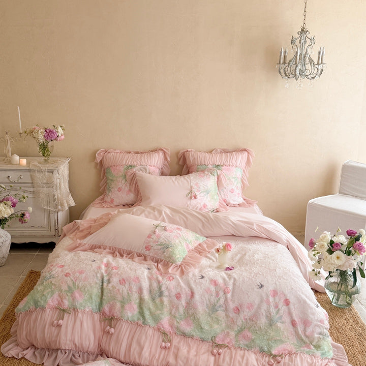 Romantisches Rüschiges Bettwäsche-Set mit floraler Vintage-Print- und Dekokissen-Garnitur
