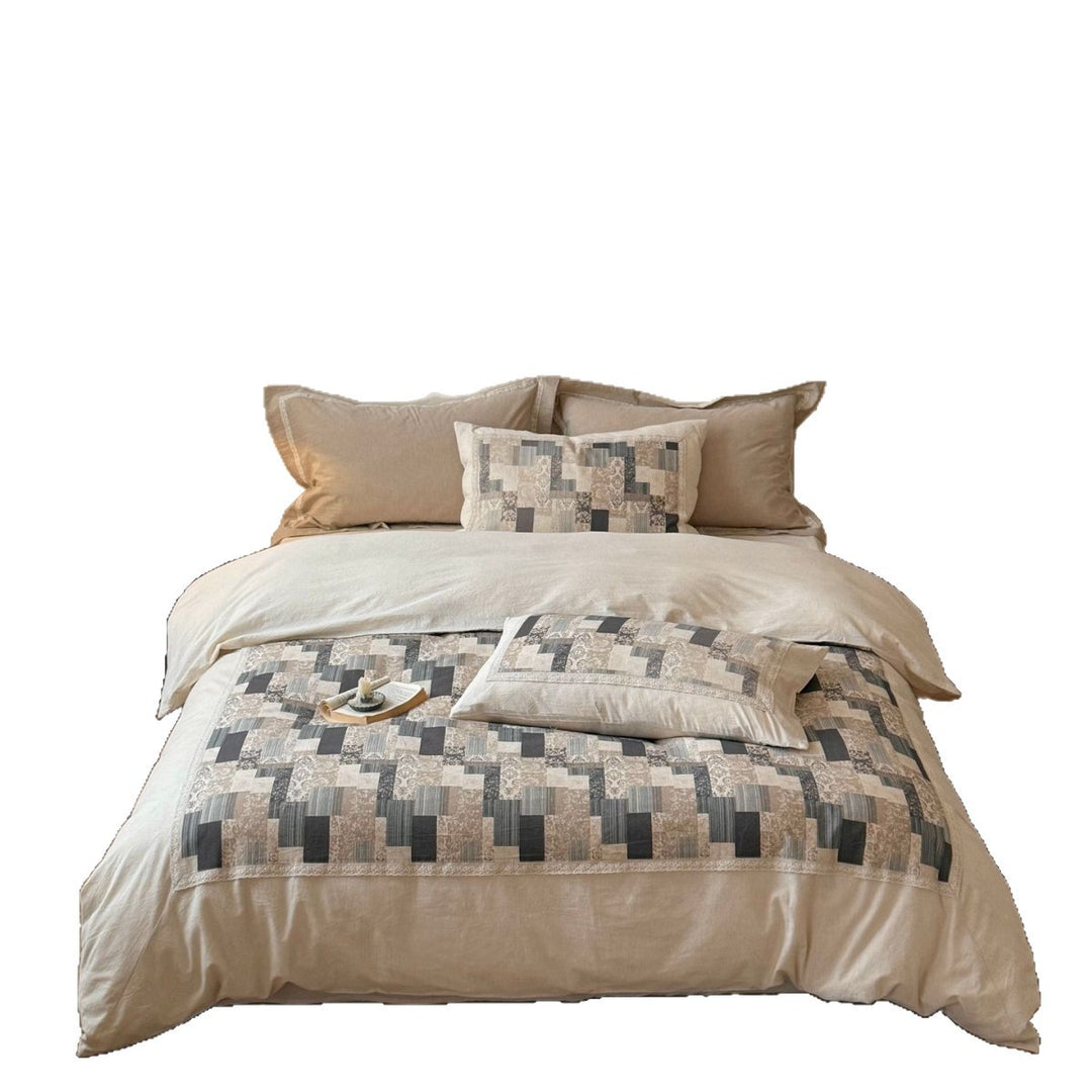 Moderne Patchwork-Bettwäschegarnitur in Leinenoptik mit Wende-Design