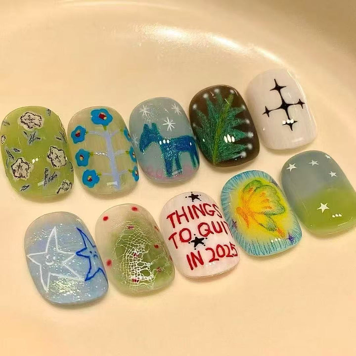 Künstlerisches katzenmotiviertes Press-On-Nagelkunstset Karnz