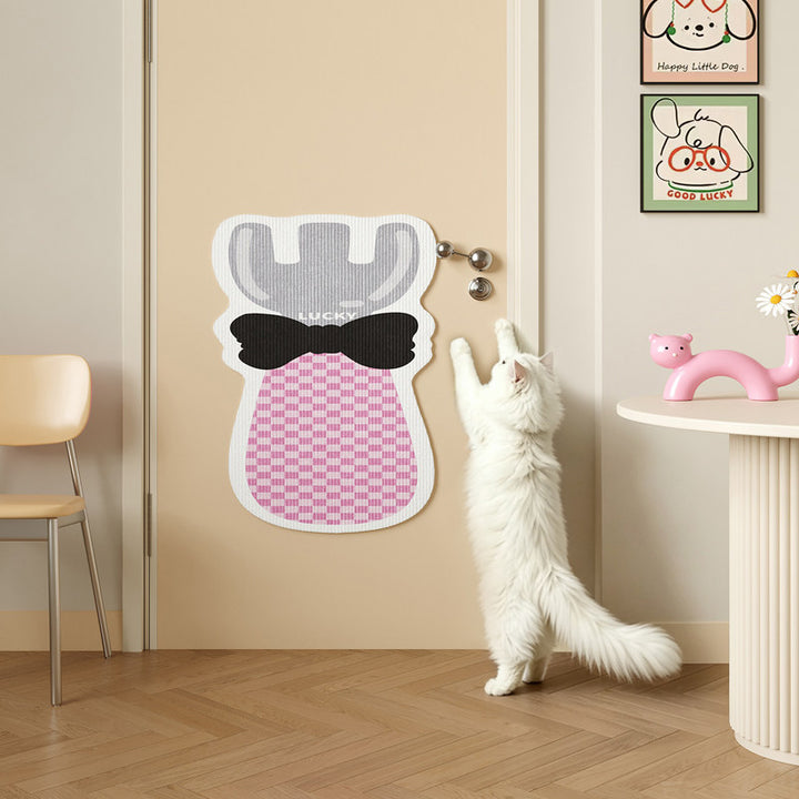 Door-Mounted Adhesive Cat Scratching Protector Pad with Textured Surface and Decorative Bow Shape