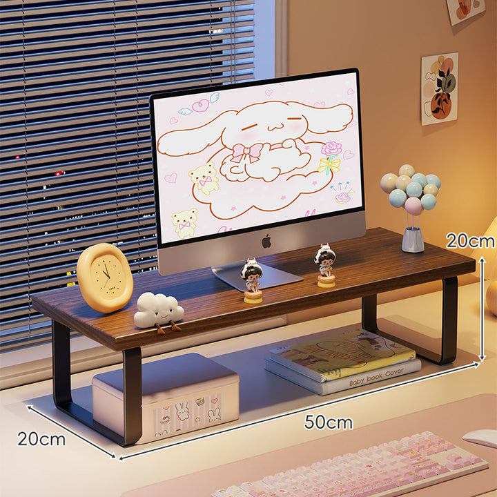 Kompakte Holz-Desktop-Monitorerhöhung mit Metallbeinen und unterer Ablagefläche