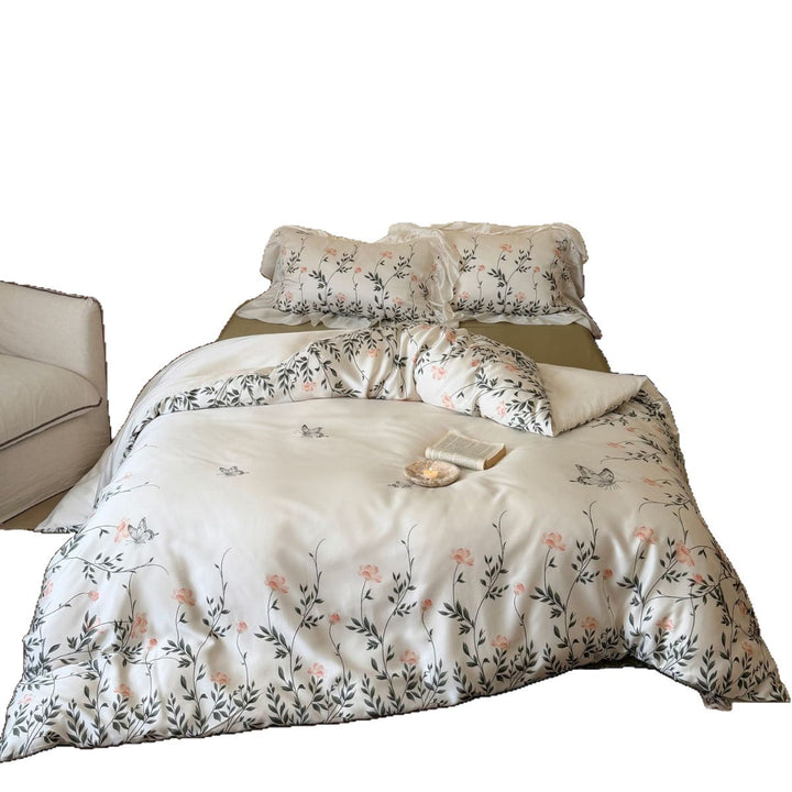 Botanisches Satin-Fühl Floral Bettbezug Set mit Rüschenkissenbezügen