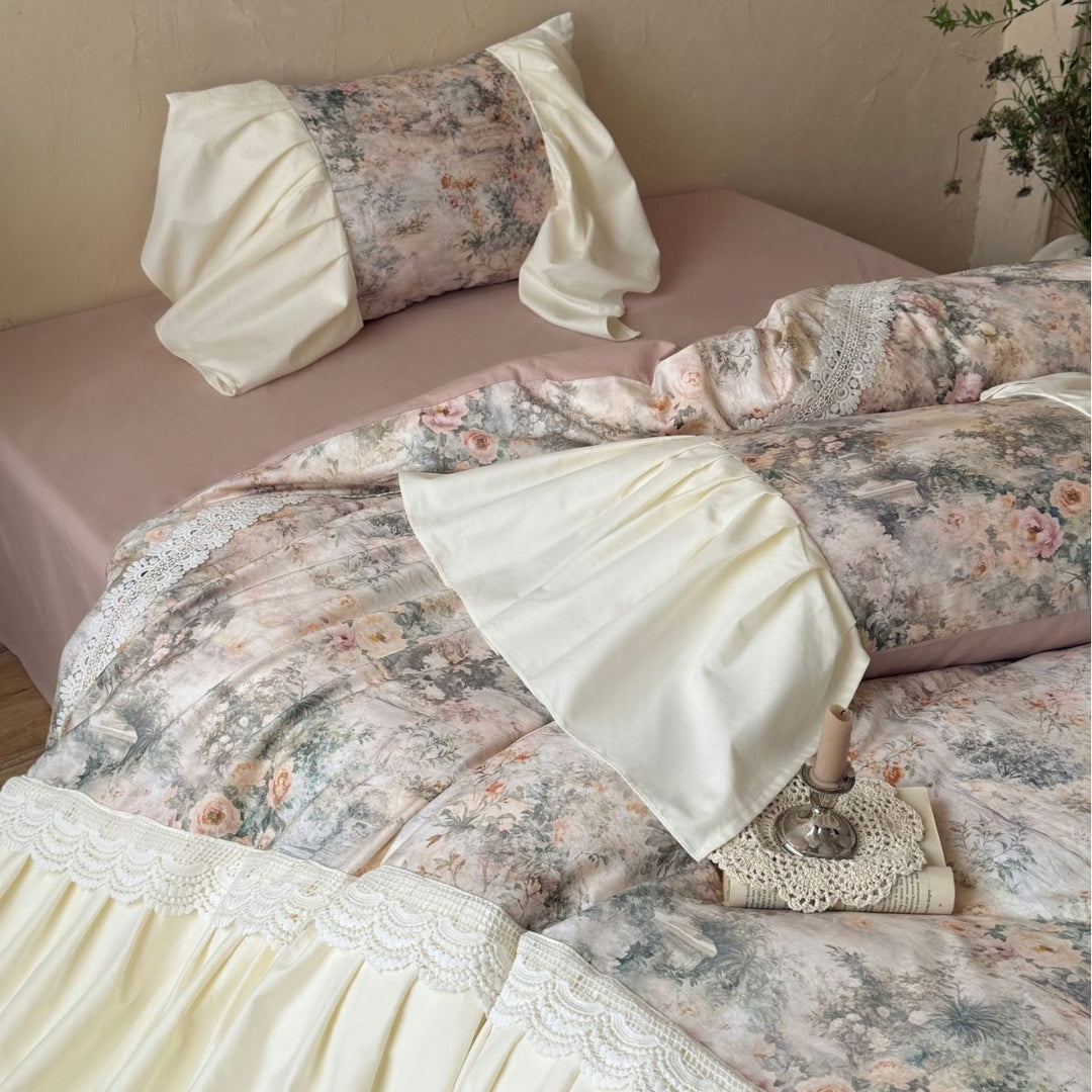 Vintage Floral Ruffled Bettbezug Ensemble mit gerafftem Bettrock