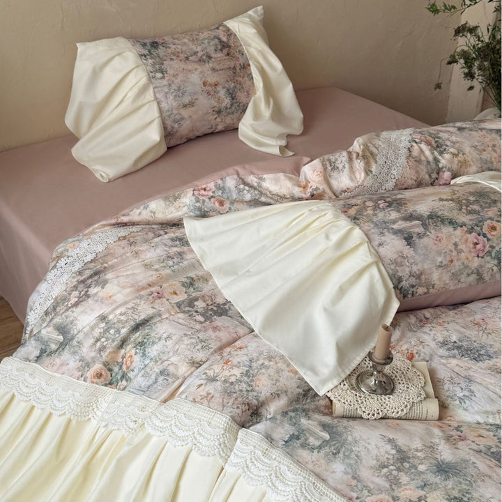 Vintage Floral Ruffled Bettbezug Ensemble mit gerafftem Bettrock