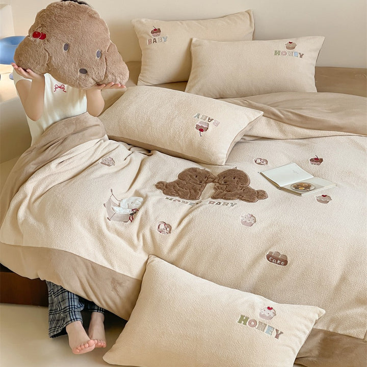 Plüsch bestickter wendbarer Bettbezug Bettwäsche Set mit Applikation Teddy Kissenbezüge