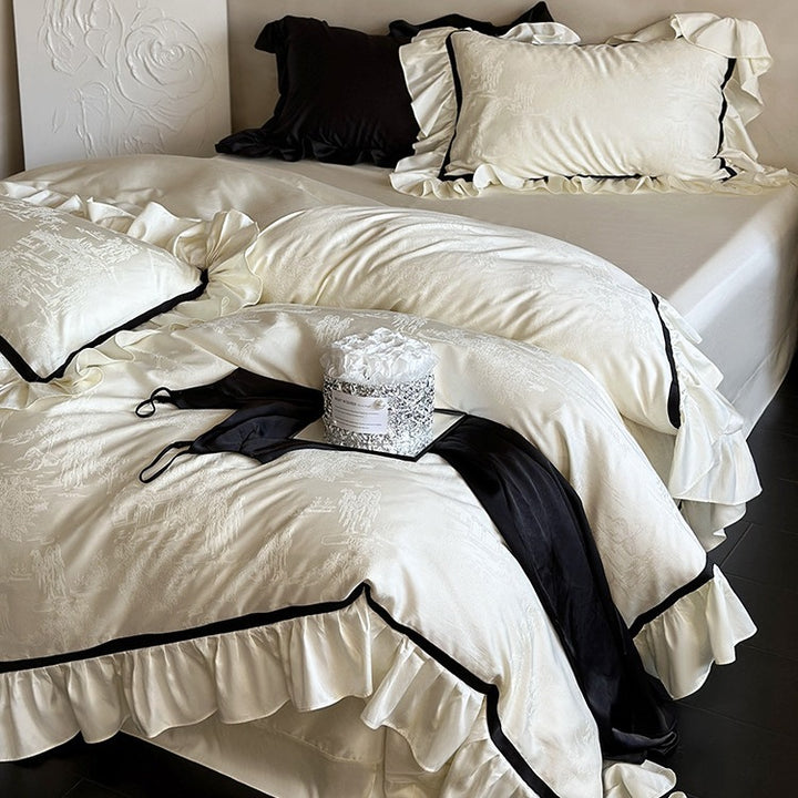 Luxuriöses Baumwollsatin-Bettwäsche-Set mit Jacquardstruktur, Volant und Kontrastpaspel
