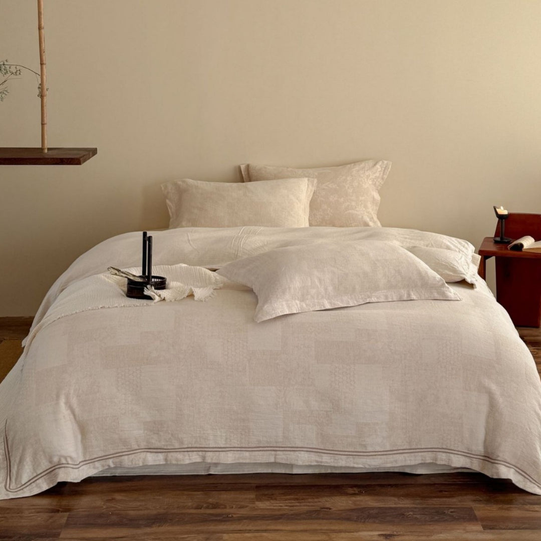 Washed French-Linen Feel Patchwork Duvet Cover Set with Subtle Jacquard Texture and Envelope Closure