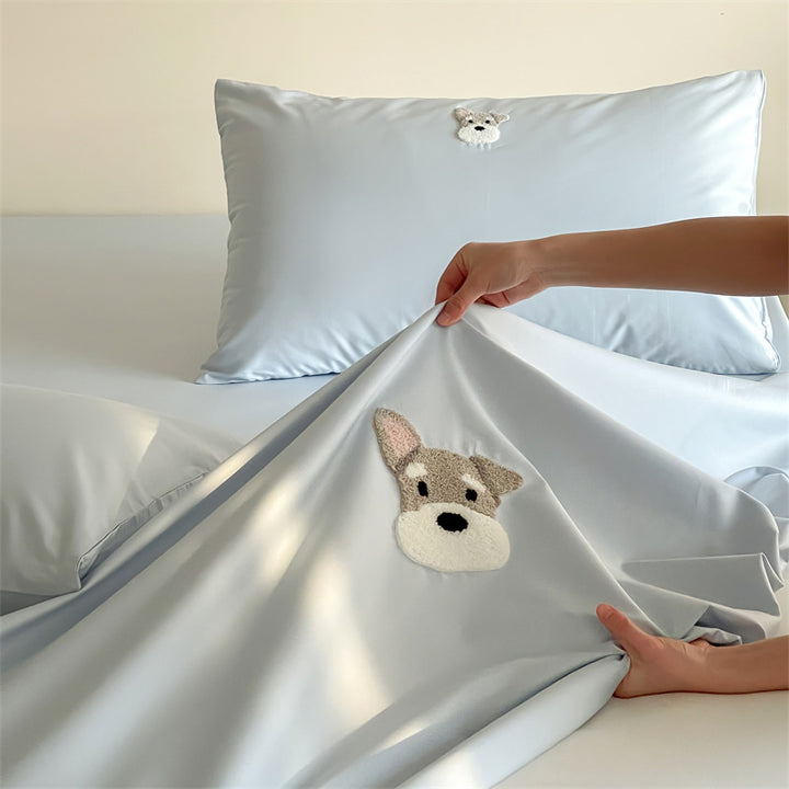 Besticktes Panda-Satin-Kissenbezug- und Spannbettlaken-Set