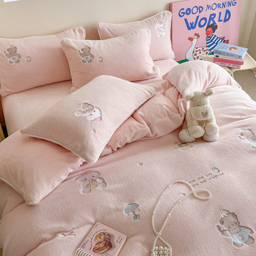 Plüsch Bestickte Sherpa Bettbezug & Kissenbezug Set
