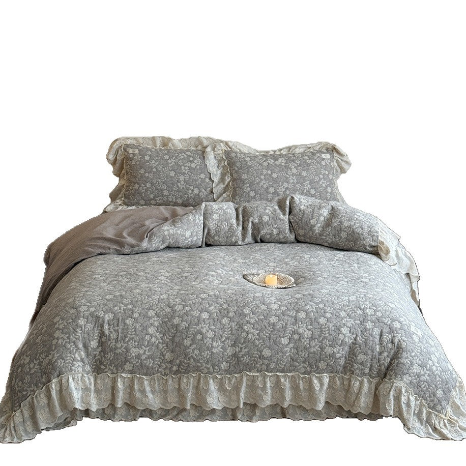 Vintage Floral Ge quiltetes Bettwäscheset mit Spitzenkante