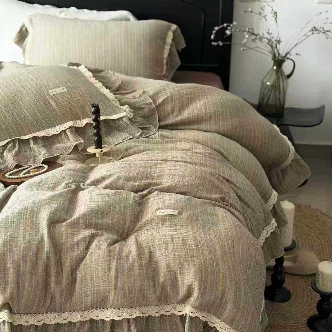 Vintage-Textured Gauze Duvet Cover Set with Layered Ruffle Hem & Crochet Lace Edge