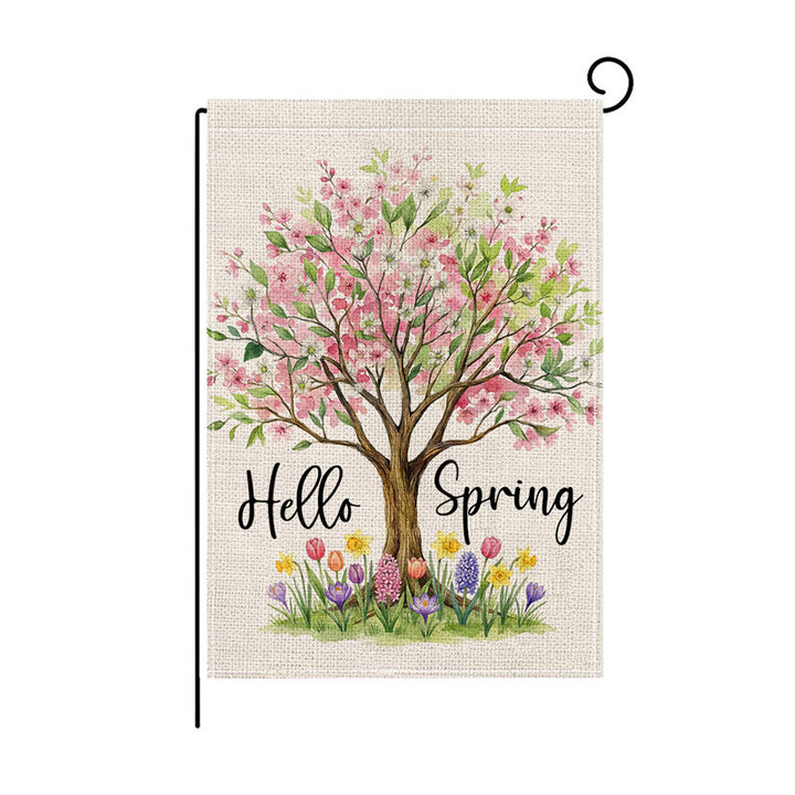 Dekorative Jute-Textur Willkommen Gartenflagge mit Blumenkorb-Illustration