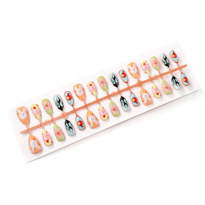 Verspieltes Kaninchen und Blumen Press-On Nagelkunst Set