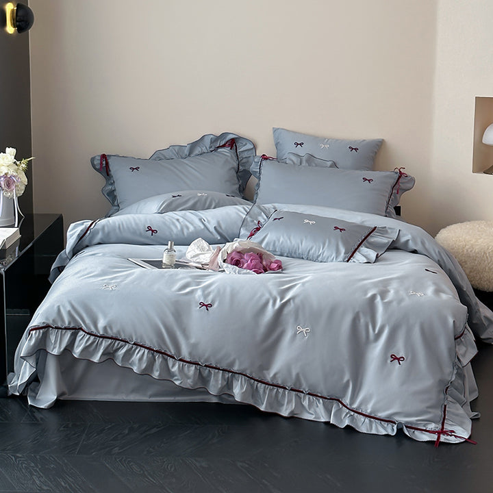 Rüsch Satin-Feel Besticktes Schleifen Bettbezug Set mit Oxford Kissenbezügen