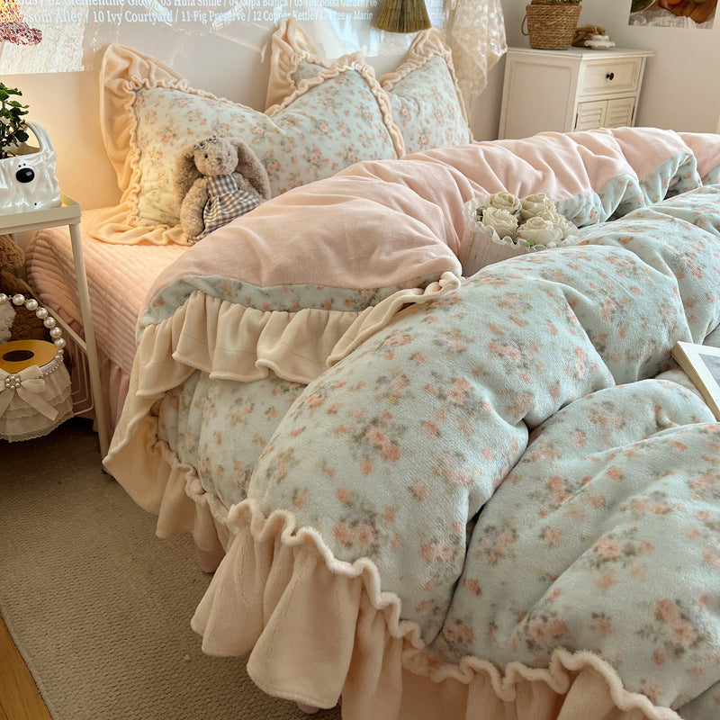 Rüsch-Plüsch Wendbare Bettwäsche Set mit Cartoon-Hase Druck und Flanell Kissenbezügen