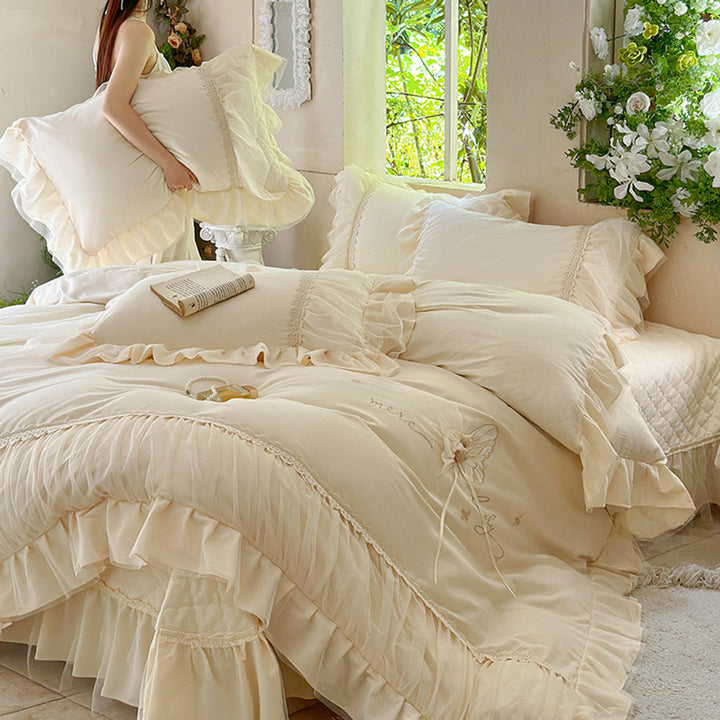 Rüschenschicht-Chiffon besticktes Bettbezug-Set mit Spitzenbesatz und Kopfkissenbezügen