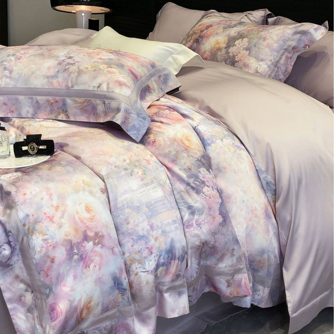 Satin-Feel Aquarell Floral Bettbezug Set mit Kissenbezügen