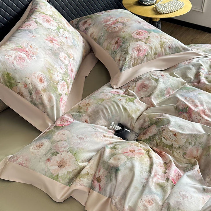 Seidene Blumen-Satin Bettbezug Set mit Satin Saum und Umschlagkissenbezügen