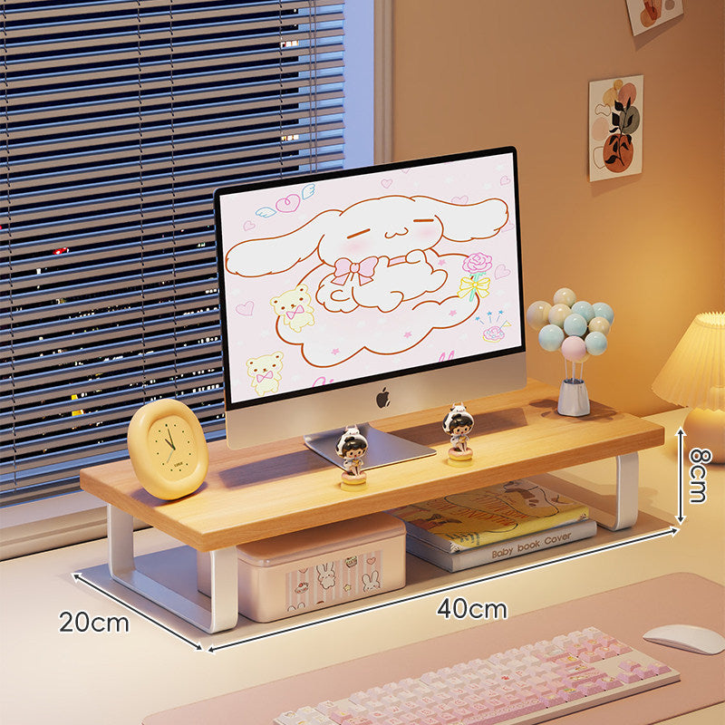 Kompakte Holz-Desktop-Monitorerhöhung mit Metallbeinen und unterer Ablagefläche