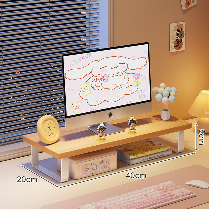 Kompakte Holz-Desktop-Monitorerhöhung mit Metallbeinen und unterer Ablagefläche