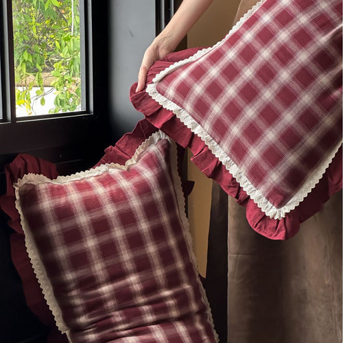 Gekämmte Baumwolle Plaid Bettbezug Set mit Rüsche Saum und Spitzenbesatz