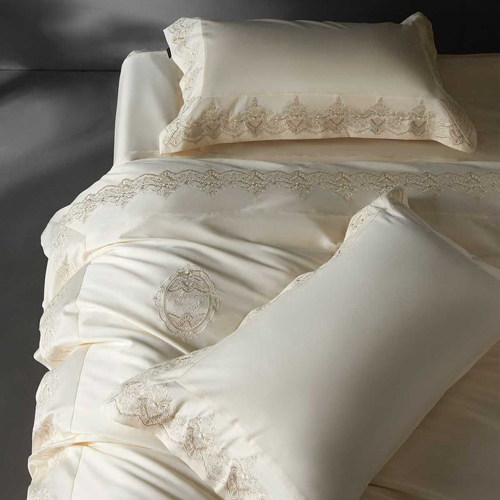 Luxuriöses Satin-Feel Besticktes Spitzenbesatz Bettwäsche Duvet Decken Set