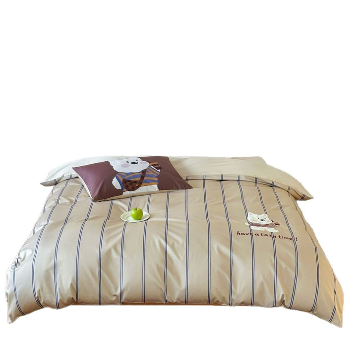 Bettwäsche-Garnitur aus Baumwoll-Satin mit gestreiften und bestickten Tiermotiven