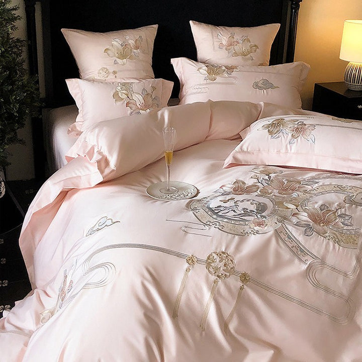 Bestickte florale & Liedvogel Luxus Baumwolle Bettbezug Set mit dekorativem runden Kissen