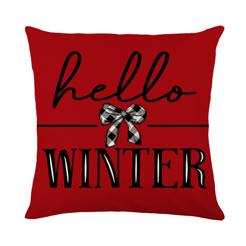 Dekoratives saisonales quadratisches Kissenbezug mit "Hallo Winter" Schriftzug und Karomuster mit Schleife