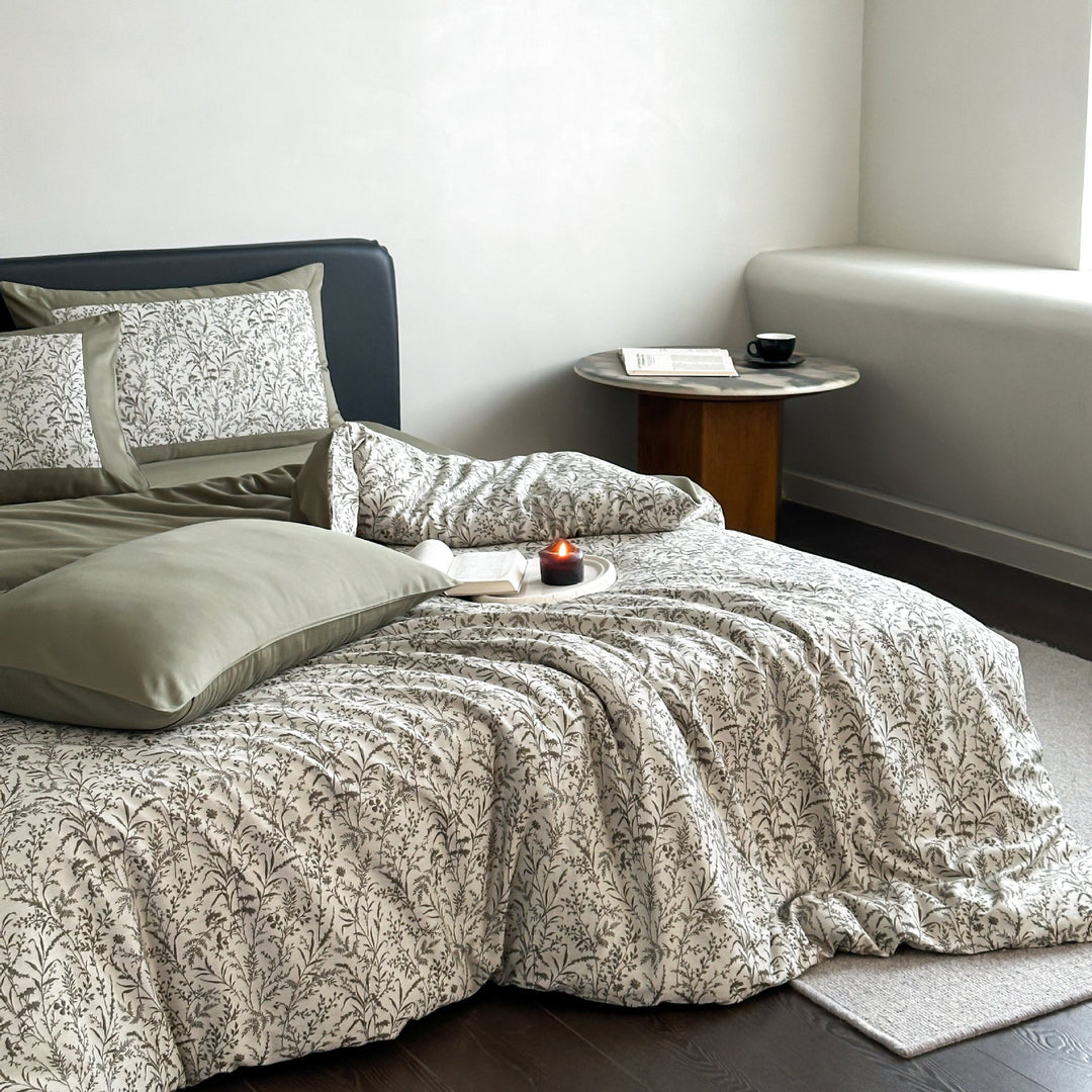 Luxuriöses Botanisches Druck Baumwollsatin Bettbezugset