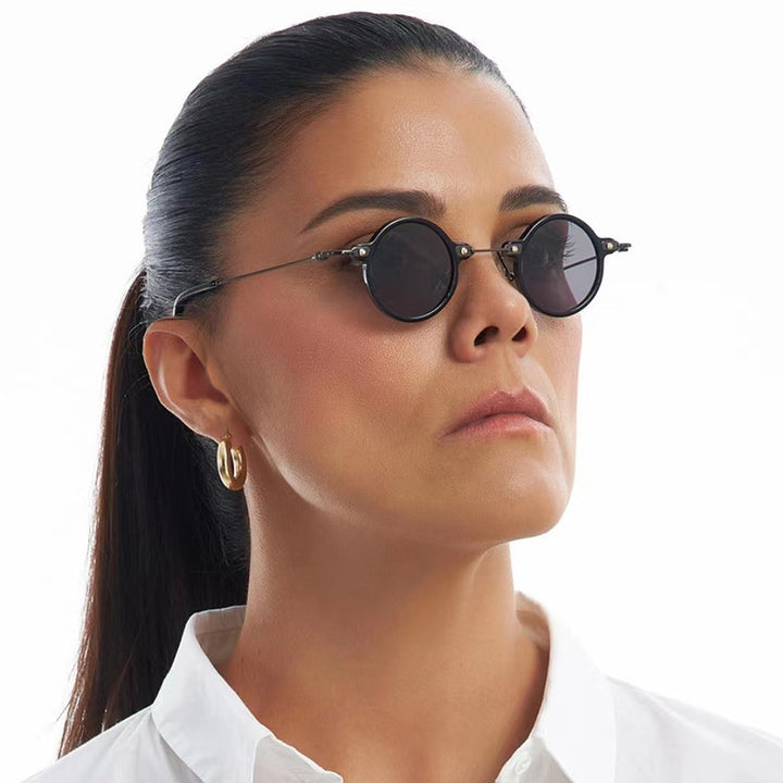 Damen runde Sonnenbrille mit modischem Metallrahmen und großen blauen Gläsern Karnz