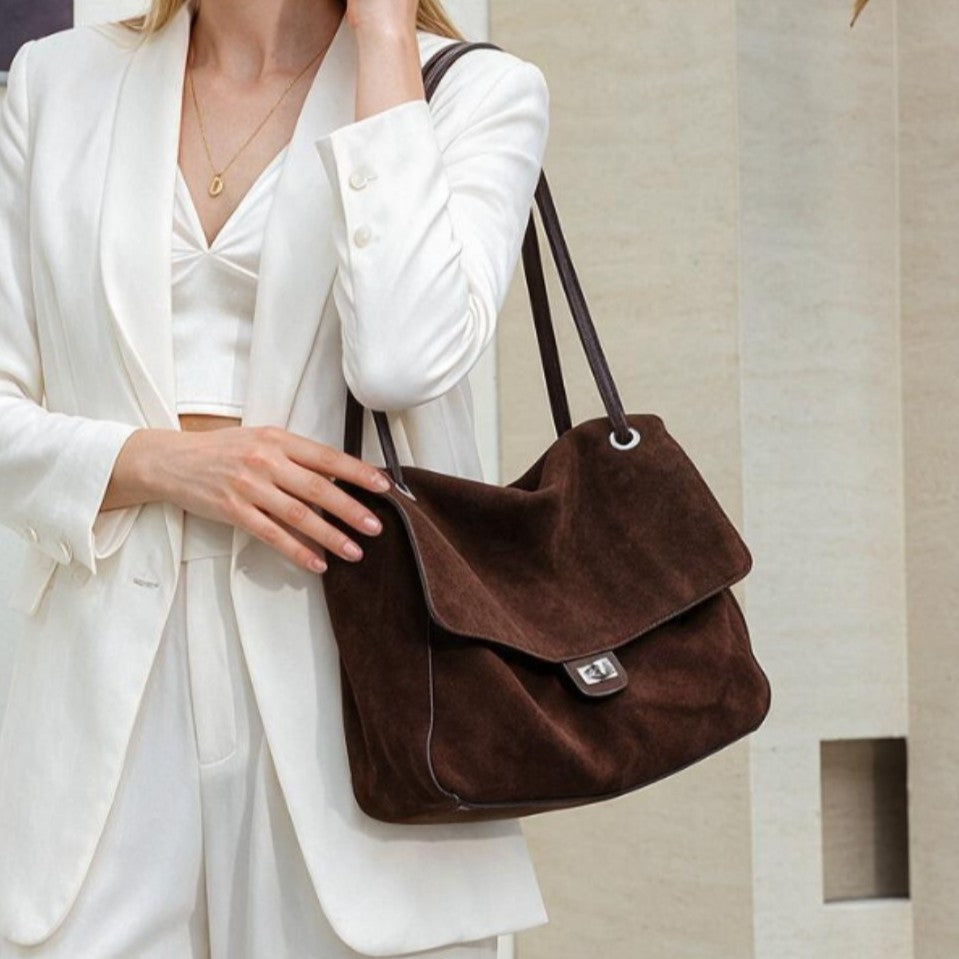 Suede Schulter Tote Bag mit Klappe und Drehverschluss