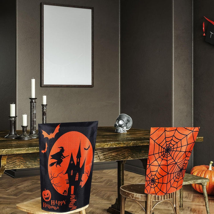 festliche Halloween-Stuhlhussen aus dehnbarem Polyester mit Hexenhut- und Schriftzug-Motiv