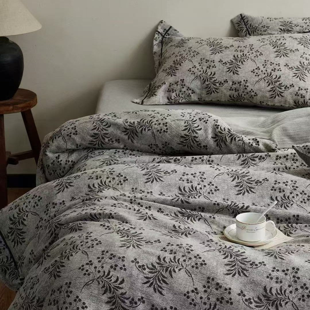 Leinen-Baumwolle Floral Bettbezug Set mit Jacquard-Struktur und gepipten Kissenbezügen