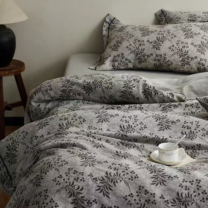 Leinen-Baumwolle Floral Bettbezug Set mit Jacquard-Struktur und gepipten Kissenbezügen