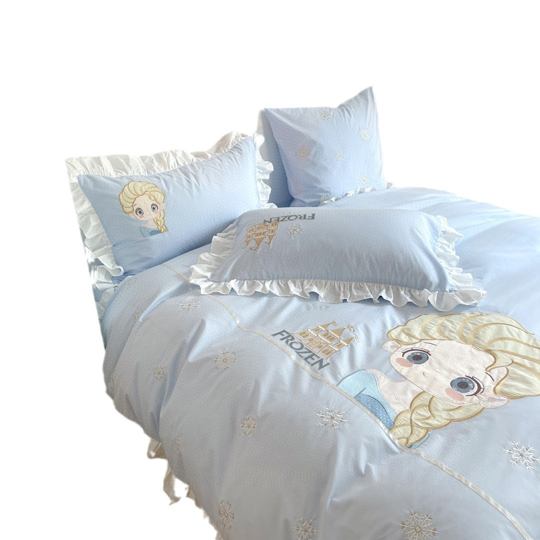 Prinzessin Frozen Bestickter Rüschender Baumwoll Bettbezug Set mit Dekorativen Wurfkissen