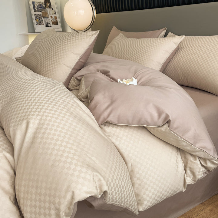 Luxuriöses Jacquard Karo Satin Bettwäsche Set mit Kissenbezügen und tiefem Spannbettlaken