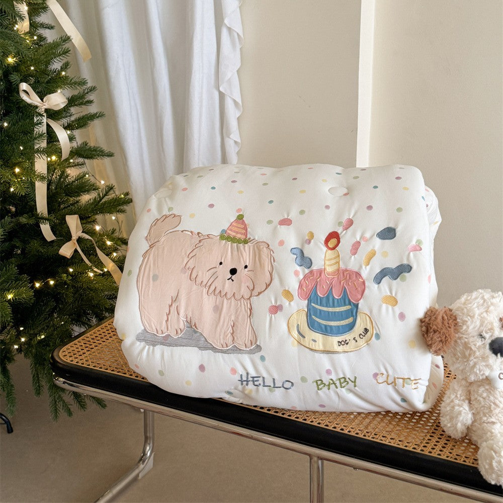 Kinder-Steppdecke mit applizierter Katze und Teddybär extraweiche Kuscheldecke