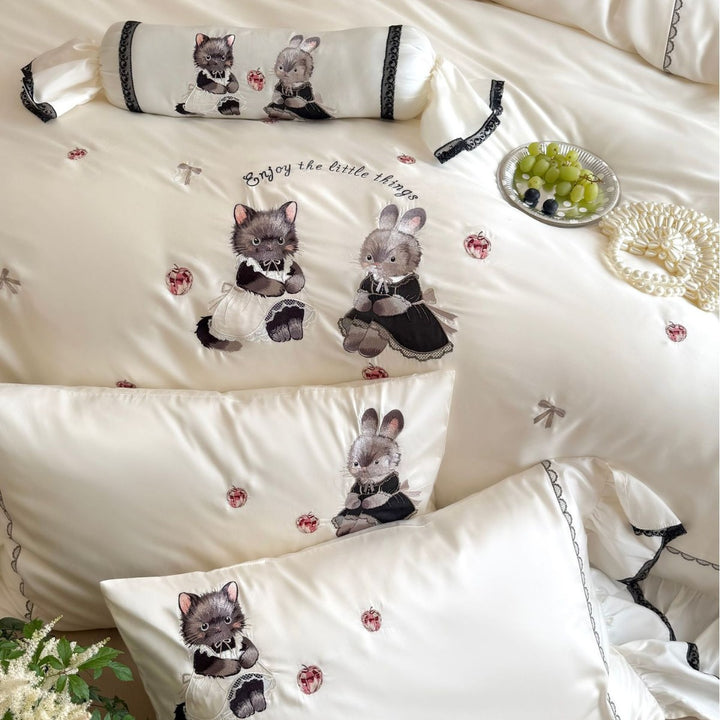 Besticktes Satin-Bettwäscheset mit Volant, Rüschensaum und Tiermotiv